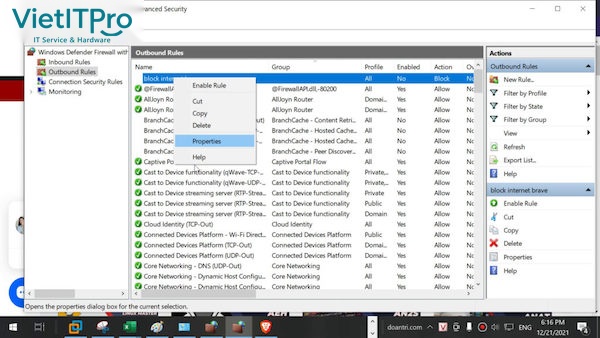 Thao tác tạm dừng Disable Rule hoặc xóa Delete Rule khi cần mở lại mạng