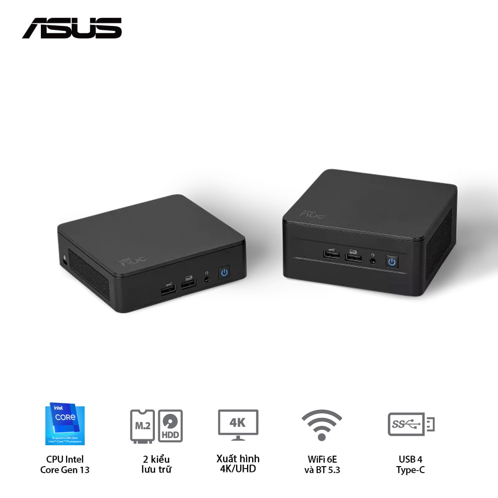 Bộ trạm Mini PC ASUS Intel NUC13 PRO Tall RNUC13ANHI7 ( i7-1360P/ 2xDDR4-3200 / 3xNVMe, SATA/ 2x HDMI 2.1/2x DP 1.4a/ VESA MOUNT)