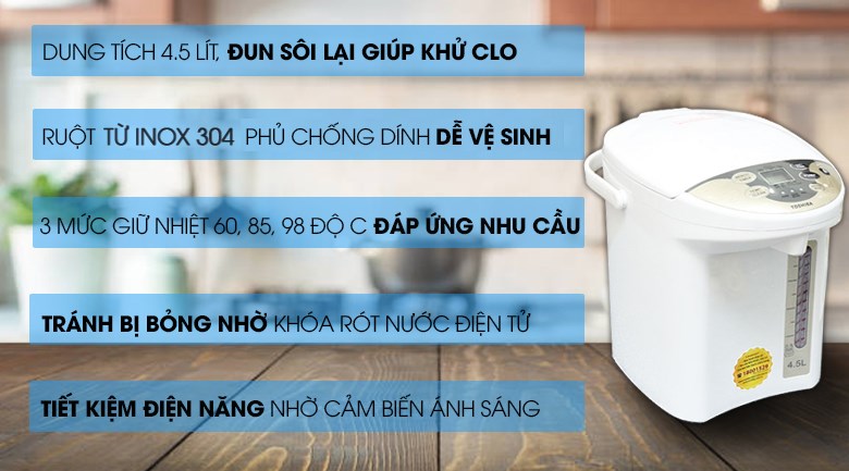 Bình thủy điện Toshiba PLK-45SF(WT)VN 4.5 lít