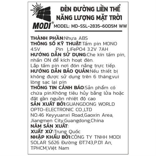 Đèn dây LED trang trí năng lượng mặt trời Modi MD-SSL-2835-60D5M WW