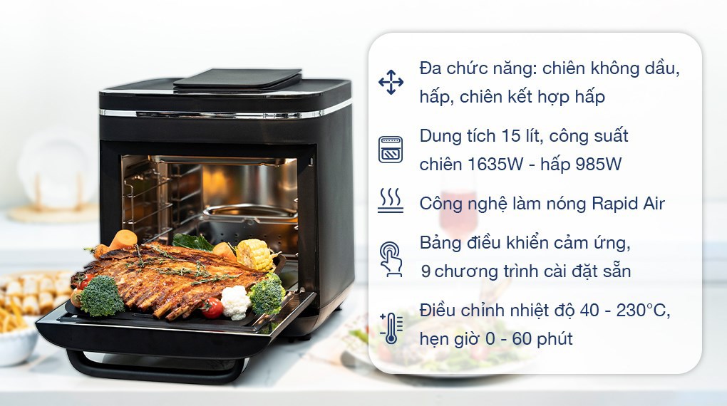 Lò chiên không dầu kết hợp hấp Kalite 15 lít STEAM X