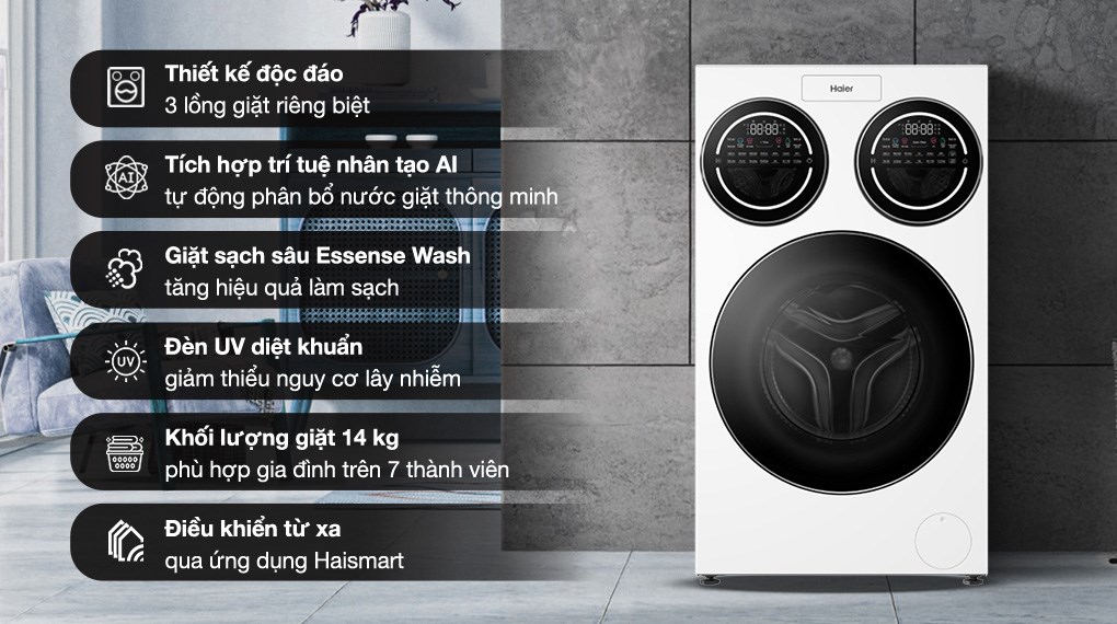 Máy giặt Haier 3 lồng MultiWash Inverter 14 kg (12 kg + 2x1 kg) HW140-BD14697WU1