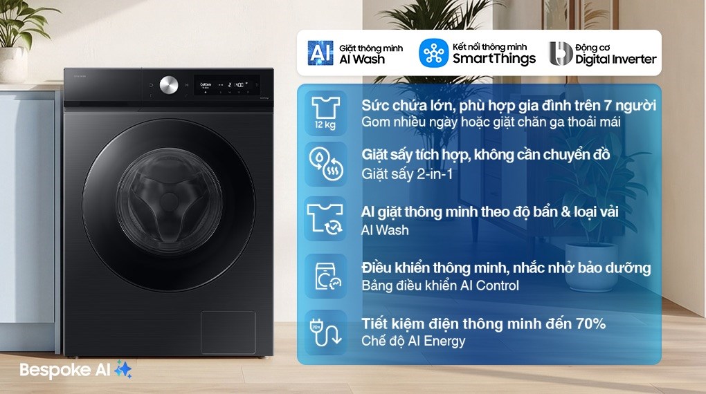 Máy giặt sấy Samsung Bespoke Inverter giặt 12 kg - sấy 7 kg WD12DB7B85GBSV