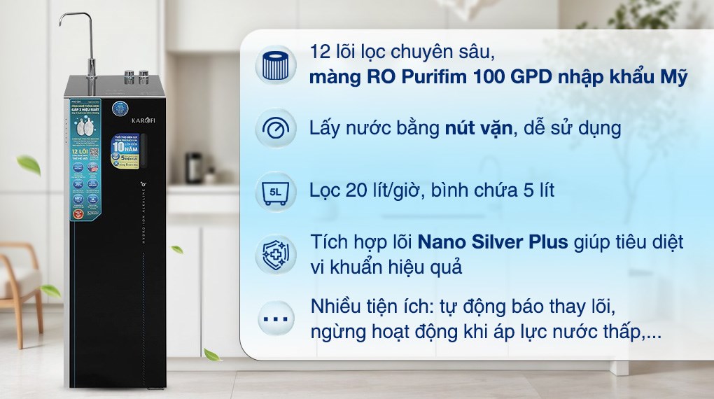 Máy lọc nước RO Hydrogen ion kiềm Karofi KAE-S66 12 lõi