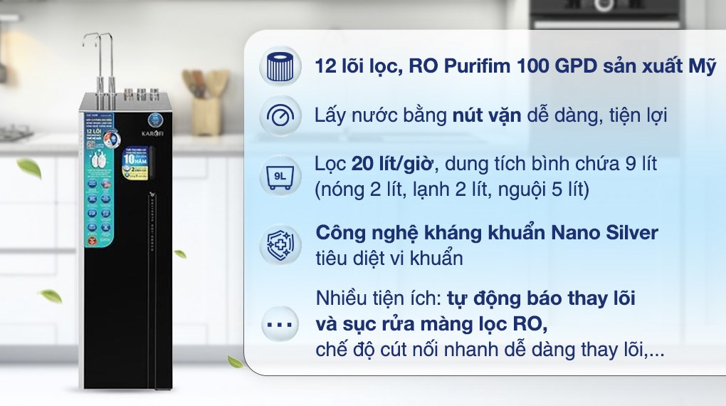 Máy lọc nước RO nóng nguội lạnh Hydrogen ion kiềm Karofi KAE-S688 12 lõi