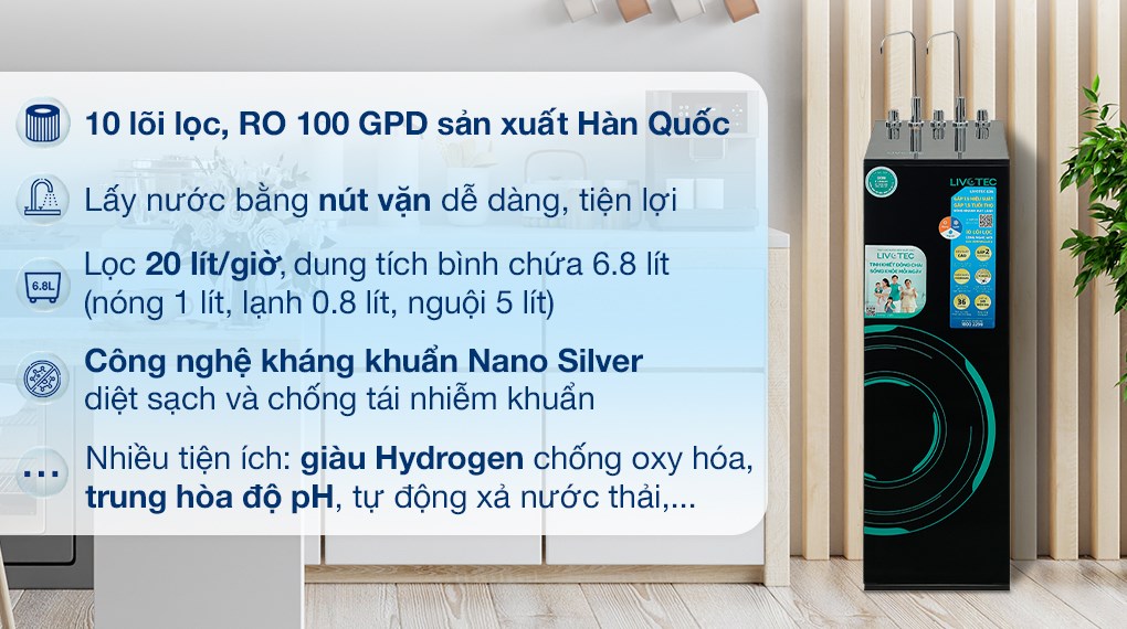 Máy lọc nước RO nóng nguội lạnh Hydrogen Livotec 636 10 lõi