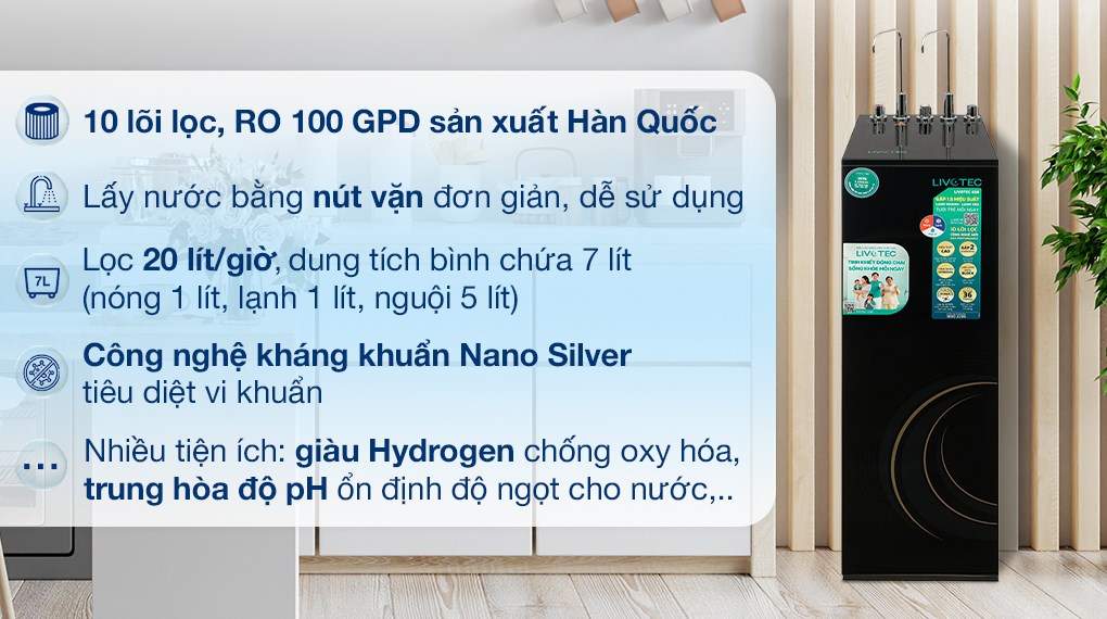 Máy lọc nước RO nóng nguội lạnh Hydrogen Livotec 638 10 lõi