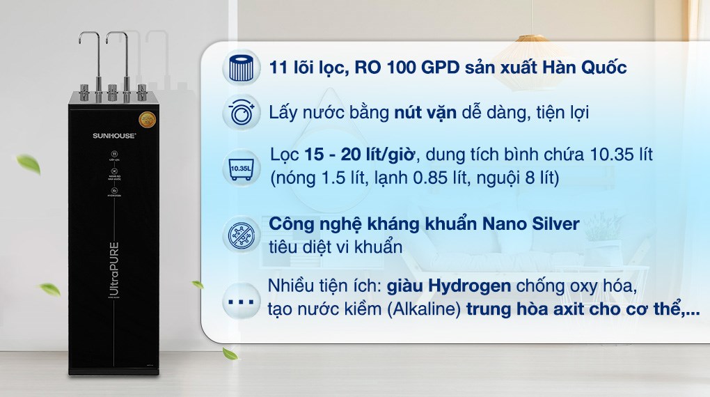 Máy lọc nước RO nóng nguội lạnh Hydrogen Sunhouse UltraPURE SHA76222KL 11 lõi