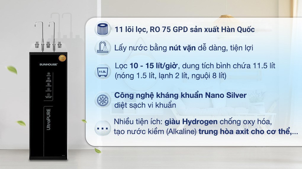 Máy lọc nước RO nóng nguội lạnh Hydrogen Sunhouse UltraPURE SHA76623KL 11 lõi