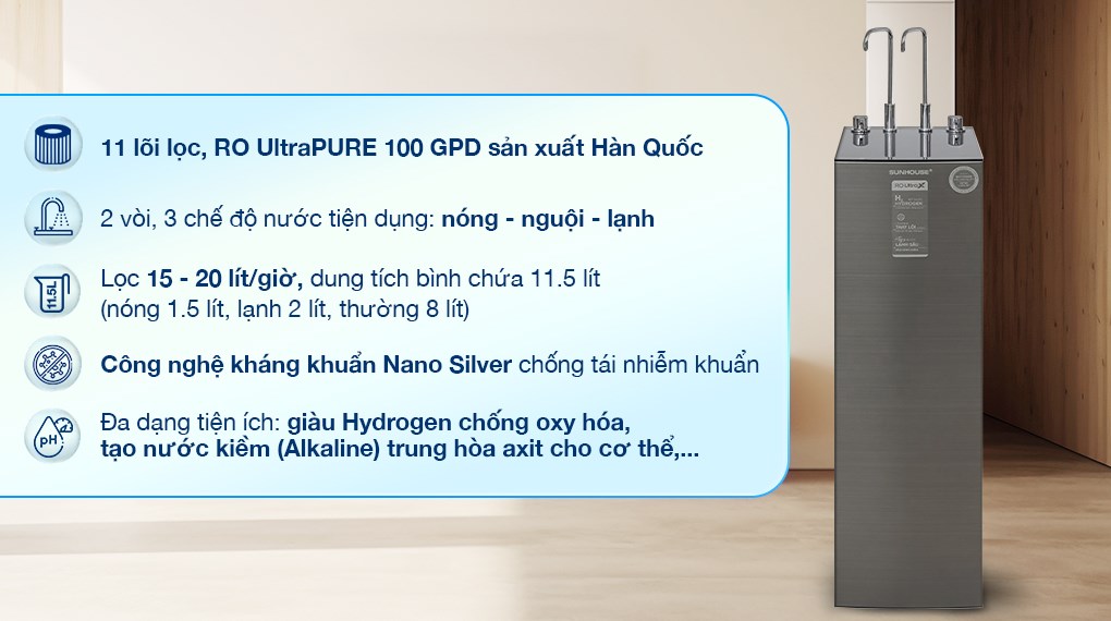 Máy lọc nước RO nóng nguội lạnh Hydrogen Sunhouse UltraX SHA76601S 11 lõi