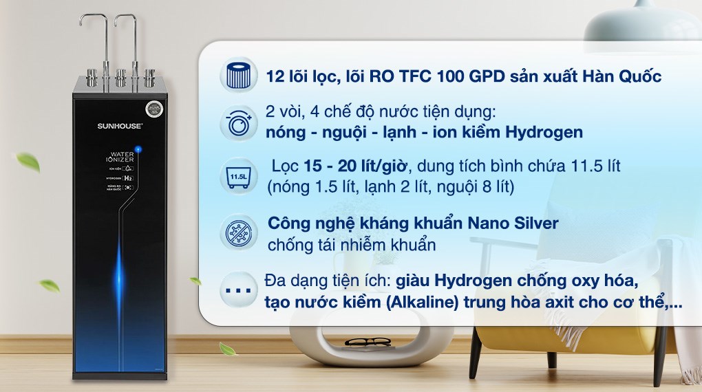 Máy lọc nước RO nóng nguội lạnh Hydrogen Sunhouse UltraX SHA76656LA 12 lõi