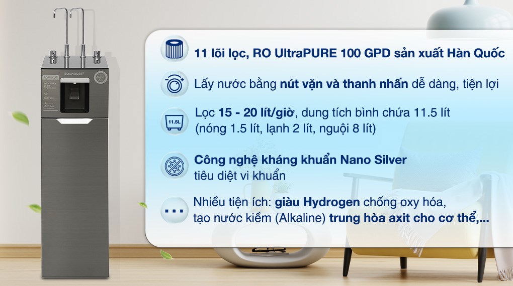 Máy lọc nước RO nóng nguội lạnh Hydrogen Sunhouse UltraX SHA76668SH 11 lõi