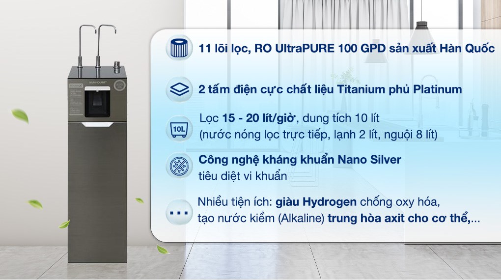Máy lọc nước RO nóng nguội lạnh Hydrogen Sunhouse UltraX SHA76688SH 11 lõi