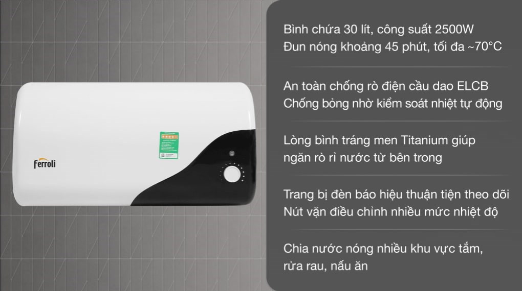 Máy nước nóng gián tiếp Ferroli 30 lít 2500W MIDO-DE