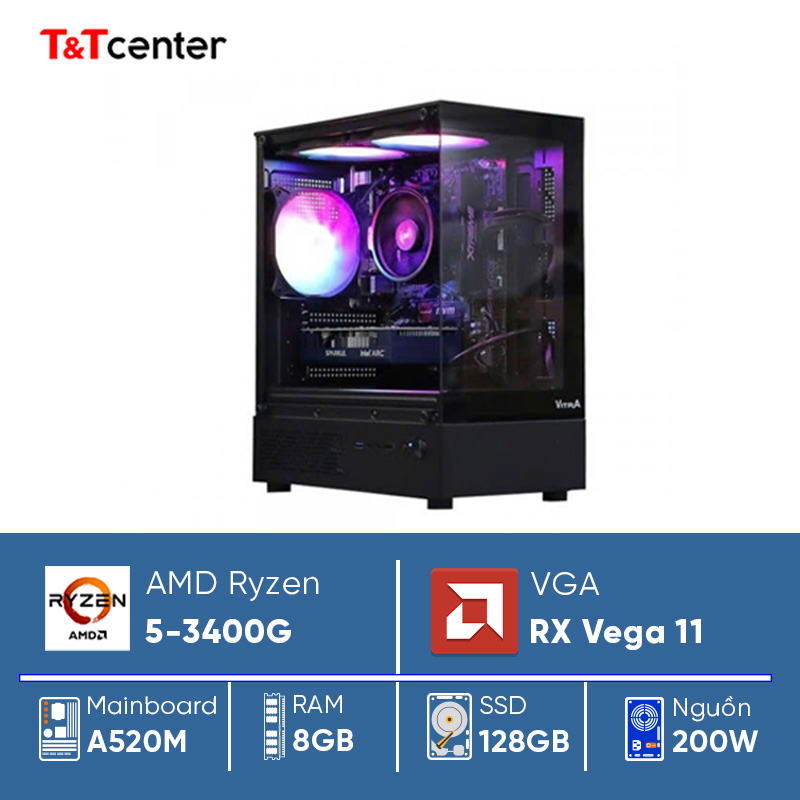 PC GAMING Ryzen 5 3400G | 8GB 128GB RX Vega 11 Màn hình 22in 100Hz