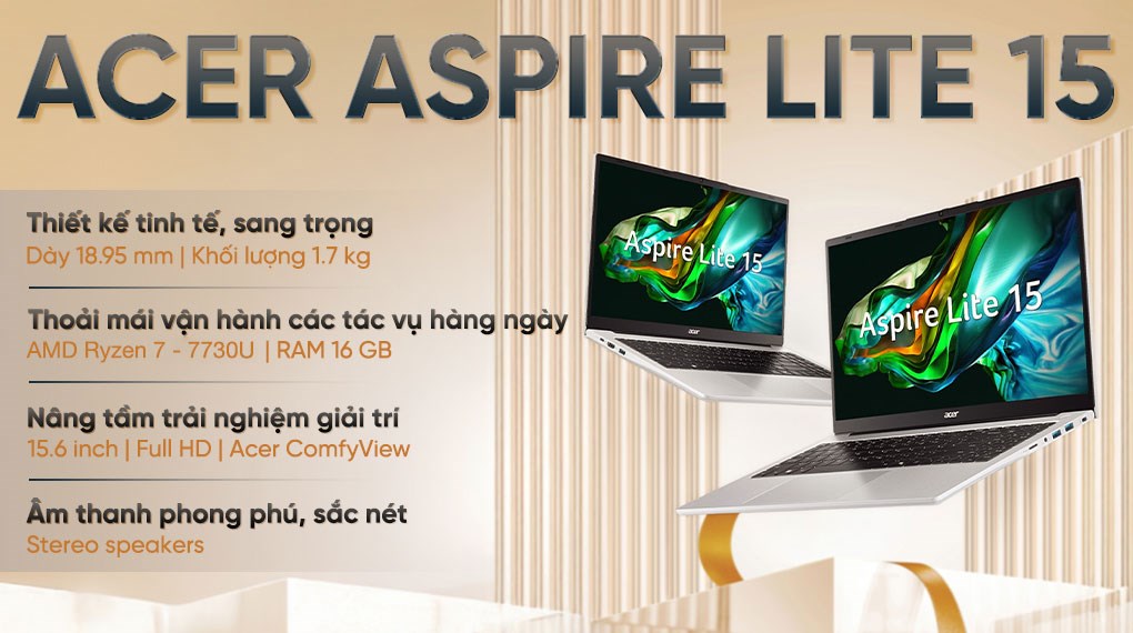 Laptop Acer Aspire Lite 15 AL15 42P R86Y - NX.D3QSV.003 (R7 7730U, 16GB, 512GB, Full HD, Win11)