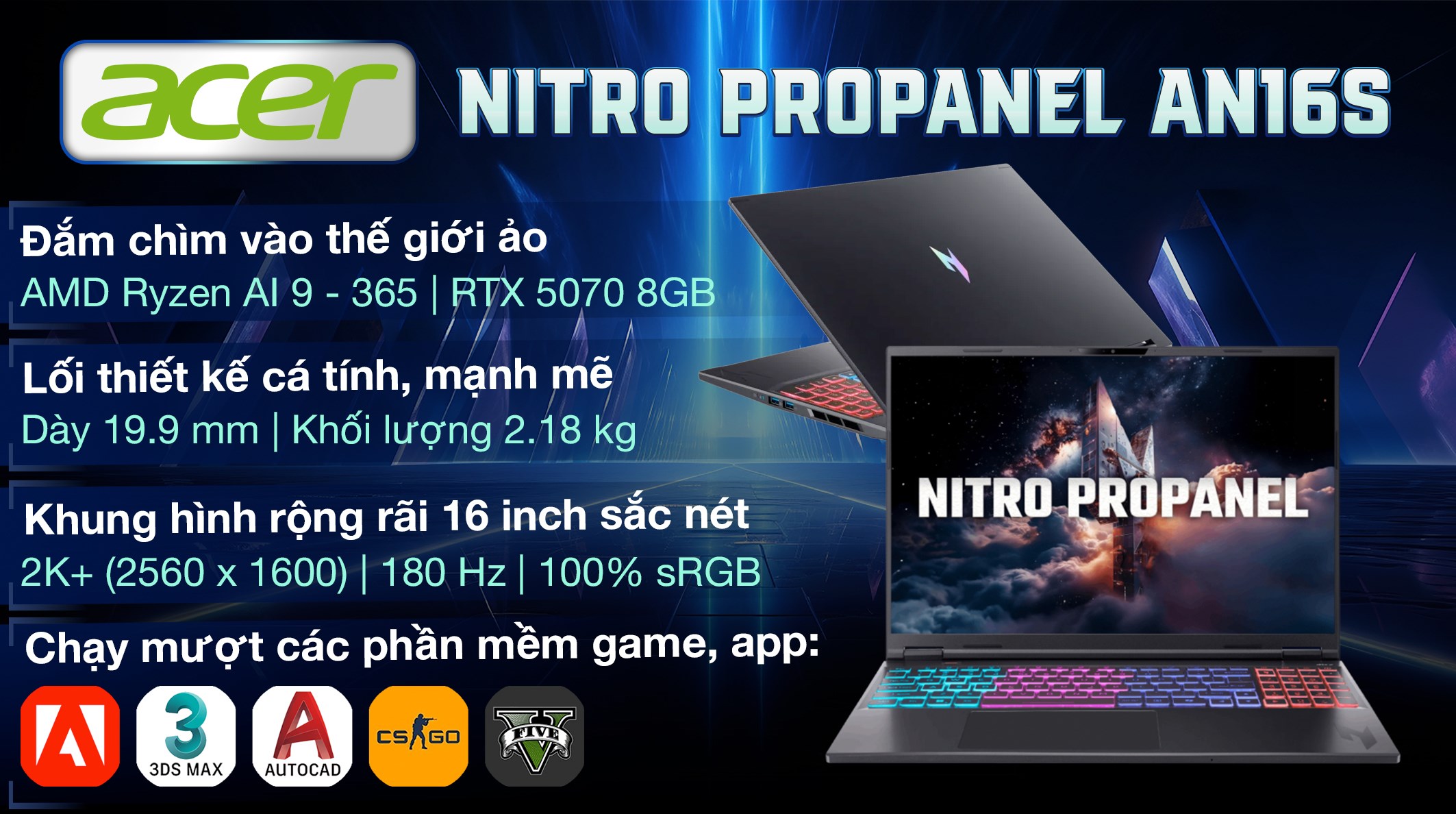 Laptop Acer Gaming Nitro ProPanel AN16S 61 R193 - NH.QXTSV.001 (R9 AI 365, 16GB, 512GB, RTX 5070 8GB, 2K+ 180Hz, Win11)