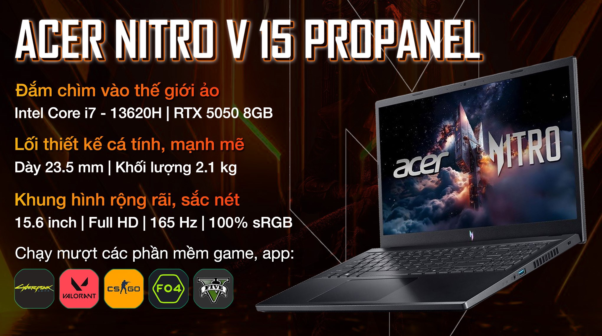 Laptop Acer Gaming Nitro ProPanel ANV15 52 72BM - NH.QZ9SV.004 (i7 13620H, 16GB, 512GB, RTX5050 8GB, Full HD 180Hz, Win11)