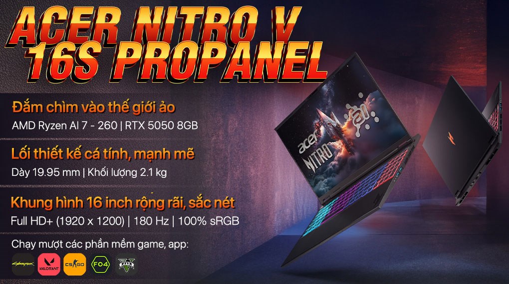 Laptop Acer Gaming Nitro ProPanel ANV16S 41 R337 - NH.QZZSV.002 (R7 260, 16GB, 1TB, RTX 5050 8GB, FHD+ 180Hz, Win11)