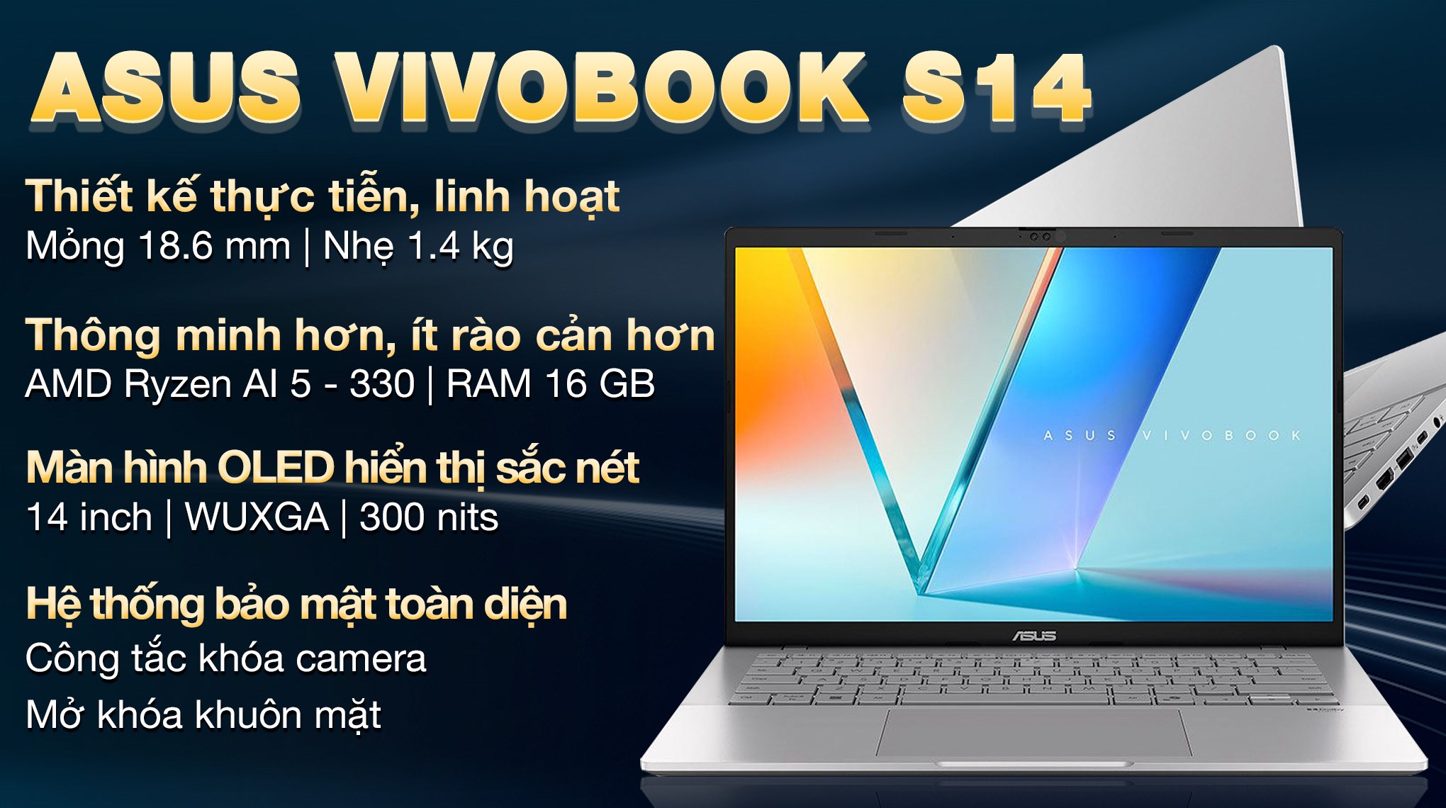 Laptop Asus Vivobook S14 M3407KA - SF034WS (R5 AI 330, 16GB, 512GB, WUXGA OLED, OfficeH24+365, Win11)