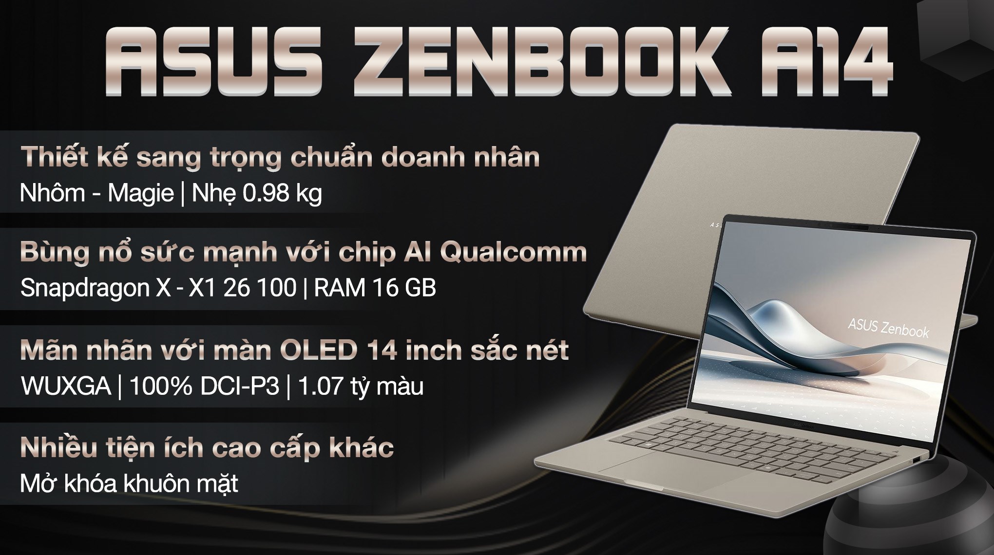 Laptop Asus Zenbook A14 UX3407QA - QD299WS (X1 26 100, 16GB/, 512GB, WUXGA OLED, OfficeH24+365, Win11)