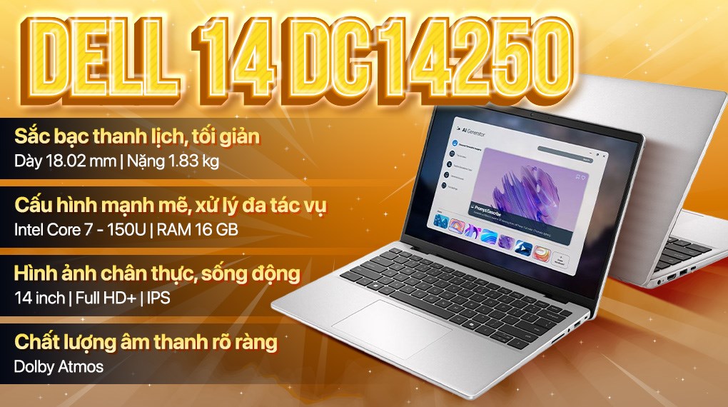 Laptop Dell 14 DC14250 - 71083580 (Core 7 150U, 16GB, 512GB, Full HD+, OfficeH24+365, Win11)