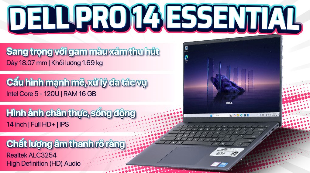Laptop Dell Pro 14 Essential PV14250 - PV14250-120U-16512W-BL (Core 5 120U, 16GB, 512GB, Full HD+, OfficeH24+365, Win11)
