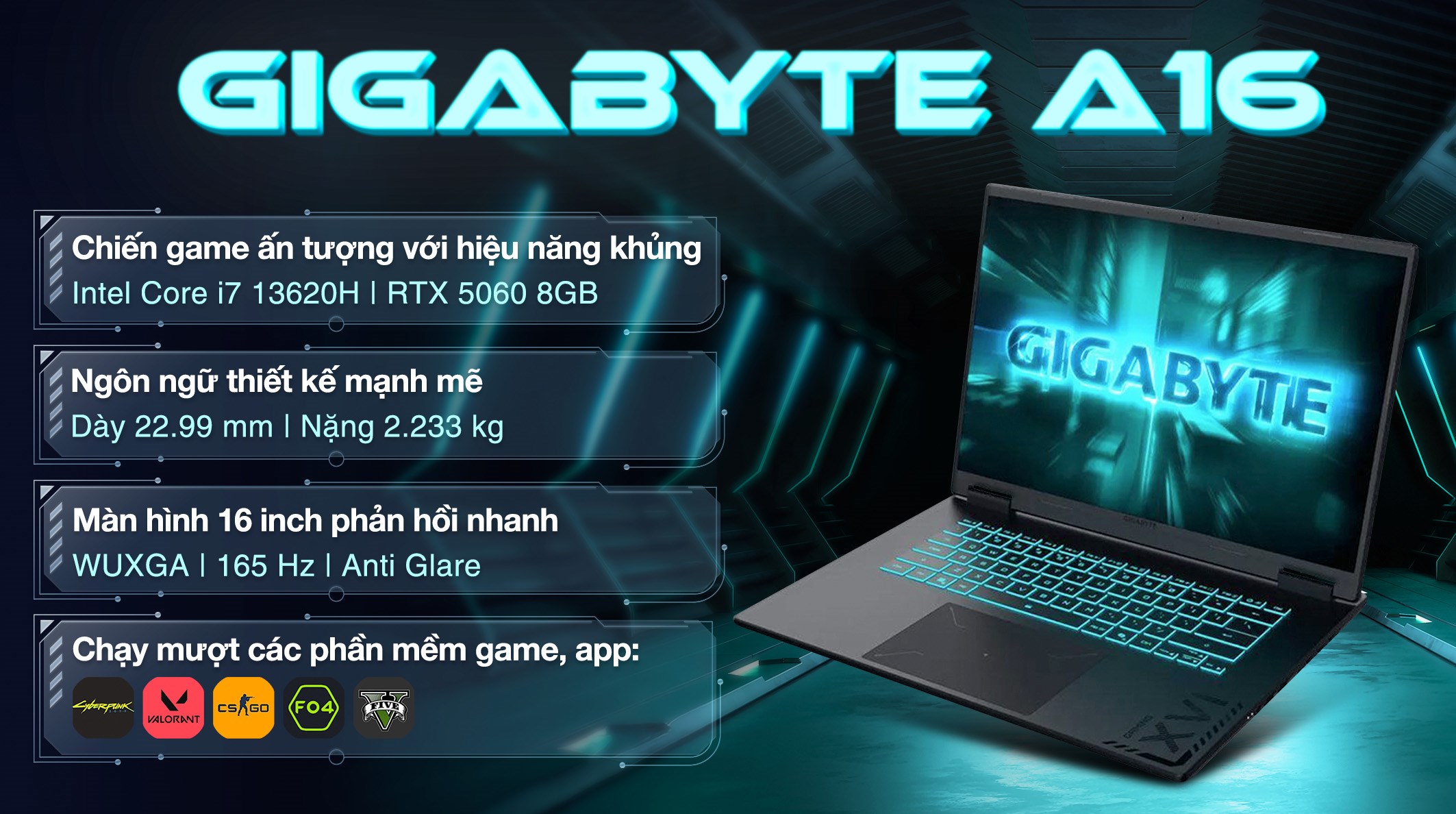 Laptop GIGABYTE Gaming A16 GA6H - GAMING-A16-CVHI3VN893SH (i7 13620H, 16GB, 512GB, RTX5060 8GB, WUXGA 165Hz, Win11)