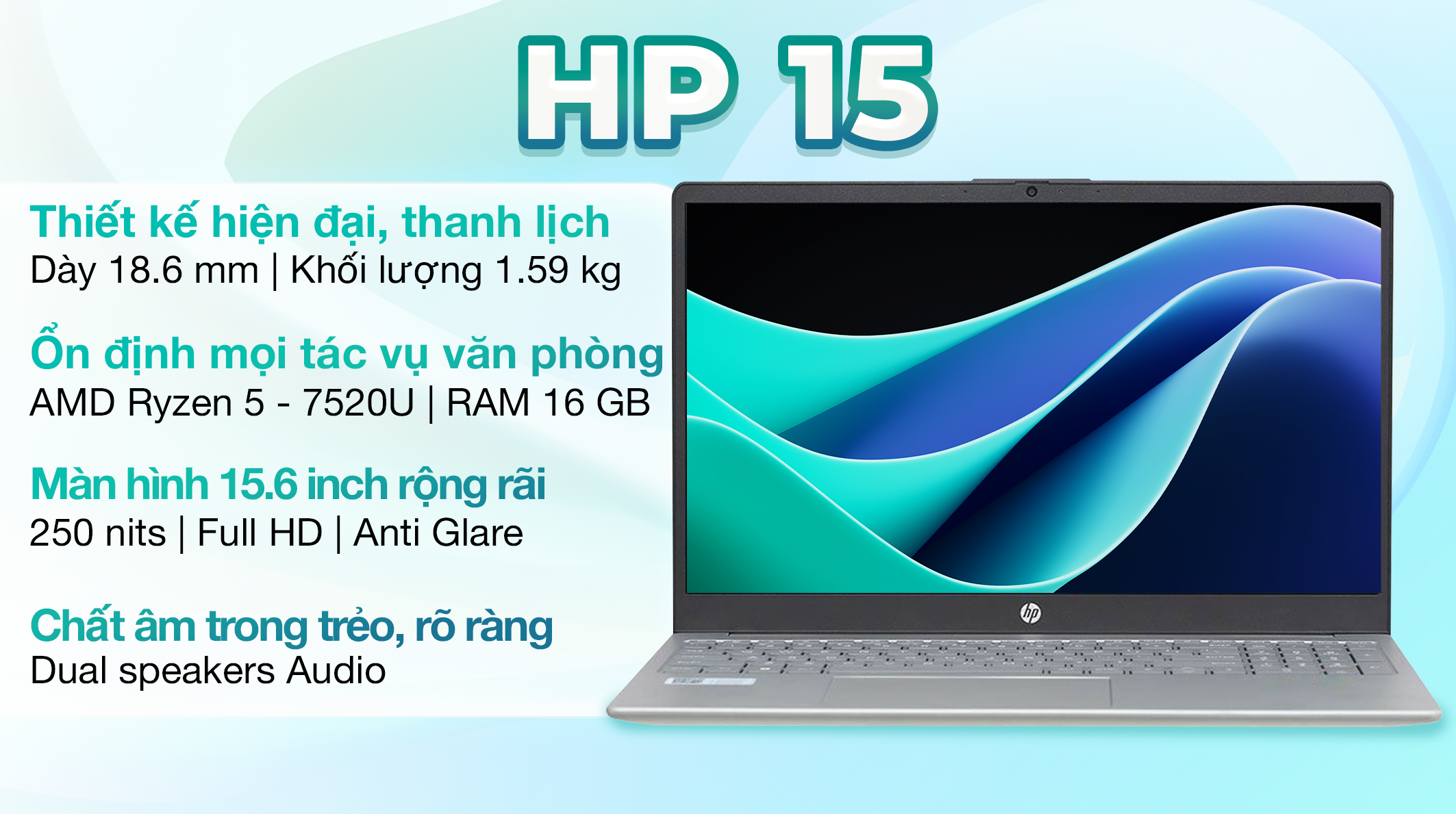 Laptop HP 15 fc0023AU - D0BH1PA (R5 7520U, 16GB, 512GB, Full HD, Win11)
