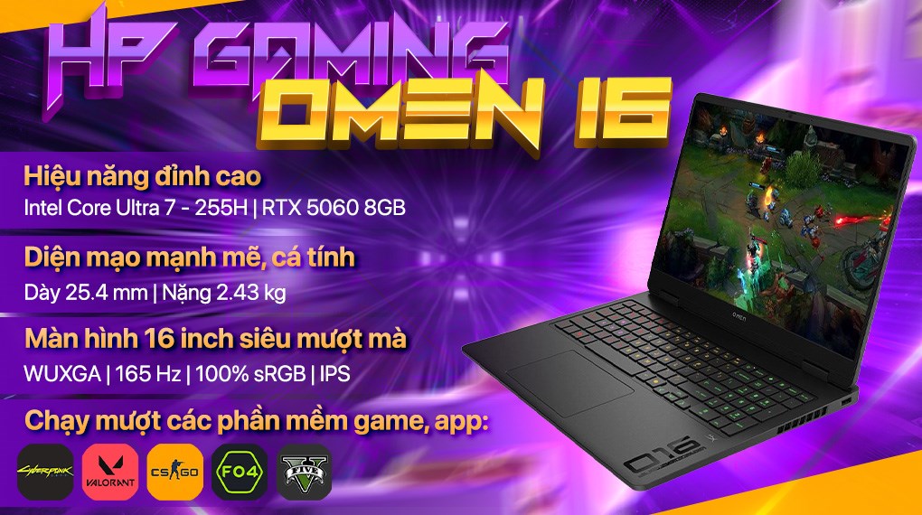 Laptop HP Gaming OMEN 16 am0176TX - BX9D3PA (Ultra 7 255H, 16GB, 512GB, RTX 5060 8GB, WUXGA 165Hz, Win11)