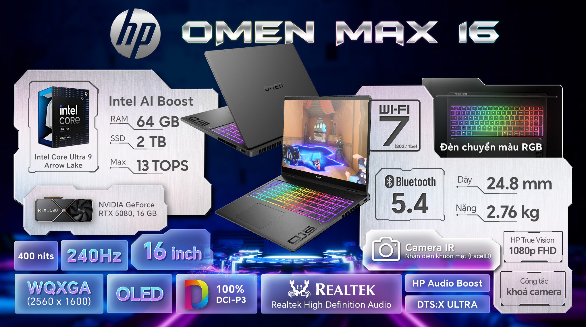 Laptop HP Gaming OMEN Max 16 ah0213TX - C1WR2PA (Ultra 9 275HX, 64GB, 2TB, RTX 5080 16GB, WQXGA OLED 240Hz, OfficeH24, Win11)
