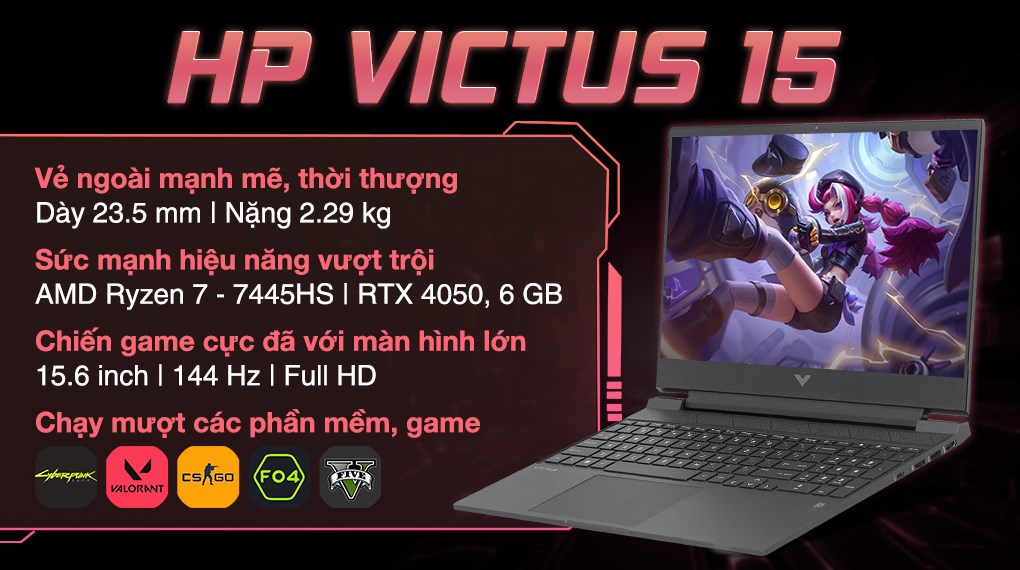 Laptop HP Gaming VICTUS 15 fb3115AX - BX9C9PA (R7 7445HS, 16GB, 512GB, RTX4050 6GB, Full HD 144Hz, Win11)