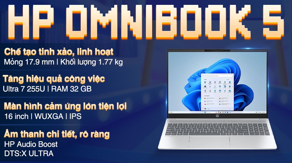 Laptop HP OmniBook 5 AI 16 af1052TU - C1MN6PA (Ultra 7 255U, 32GB, 512GB, WUXGA, Cảm ứng, OfficeH24, Win11)