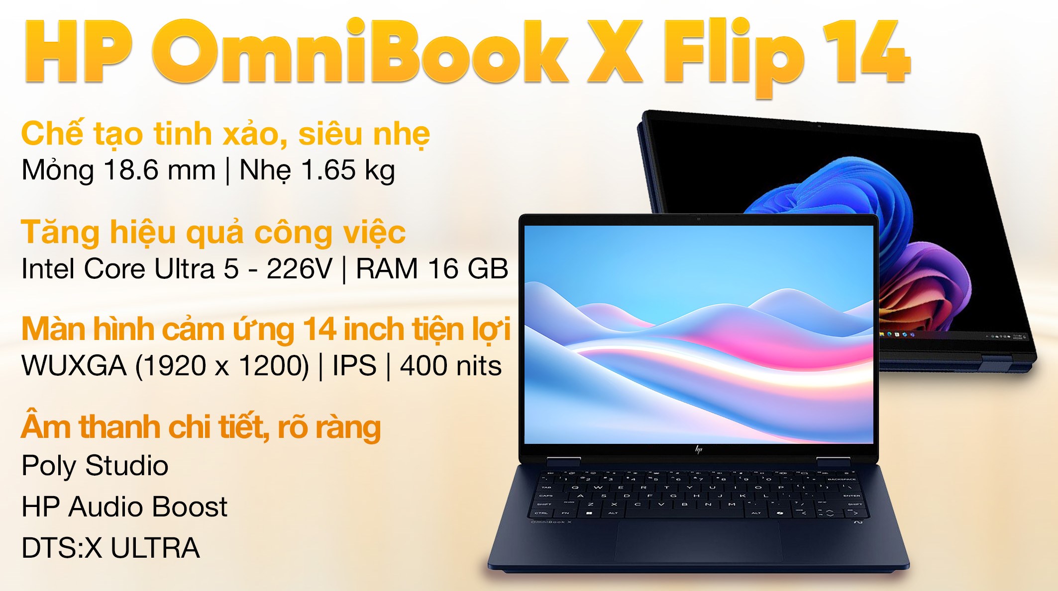 Laptop HP OmniBook X Flip 14 fm0088TU - BZ7Q2PA (Ultra 5 226V, 16GB, 512GB, WUXGA, Cảm ứng, OfficeH24+365B, Win11)