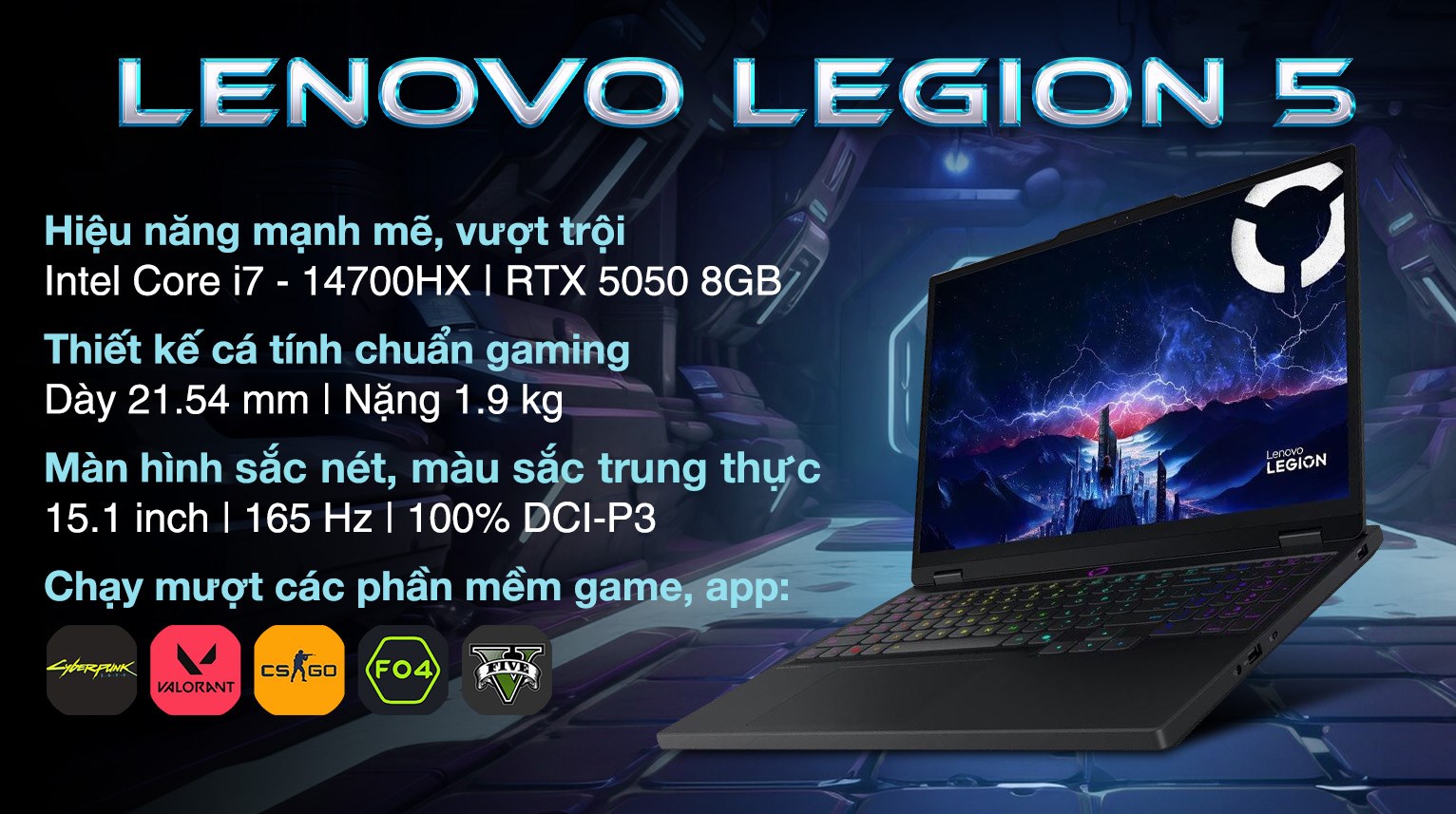 Laptop Lenovo Gaming Legion 5 15IRX10 - 83LY00HQVN (i7 13650HX, 16GB, 512GB, RTX 5060 8GB, WUXGA 165Hz, OfficeH24, Win11)