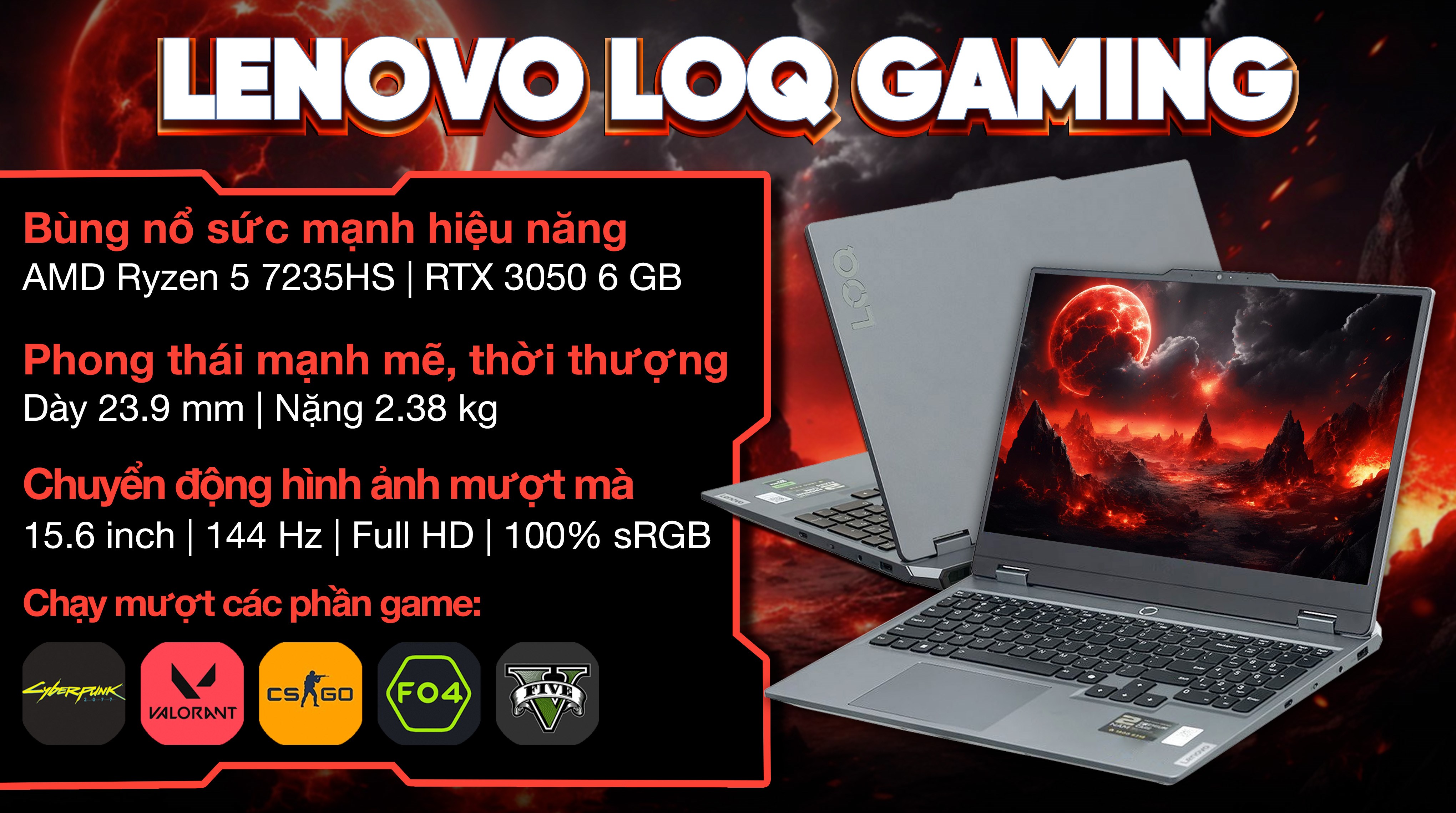 Laptop Lenovo Gaming LOQ 15ARP9 - 83JC00LVVN (R5 7235HS, 16GB, 512GB, RTX 3050 6GB, Full HD 144Hz, Win11)