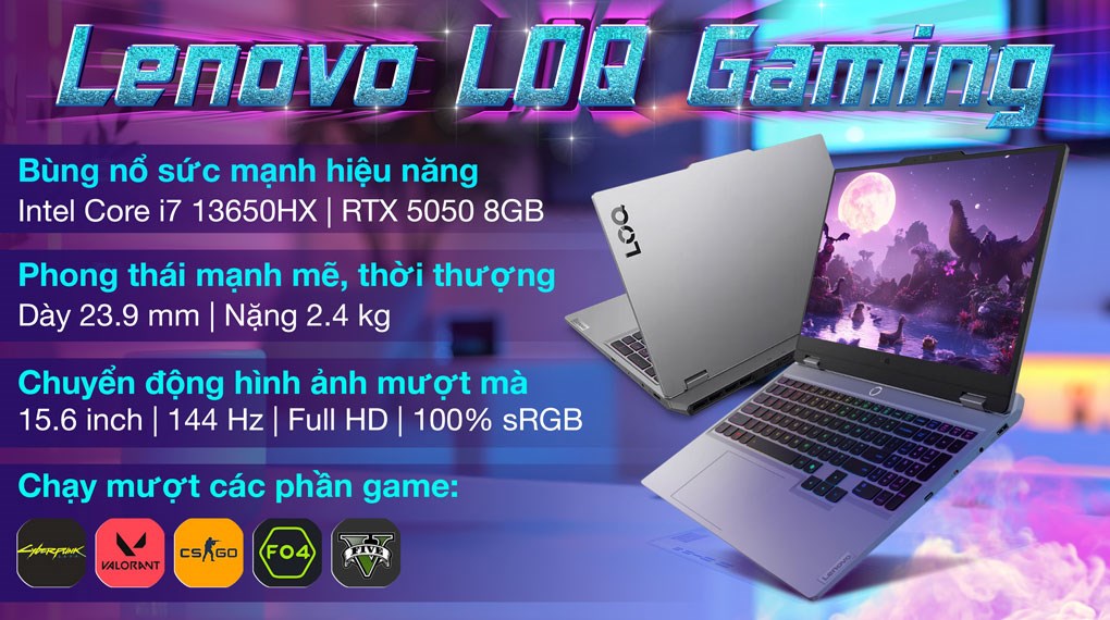 Laptop Lenovo Gaming LOQ 15IRX10 - 83JE00PEVN (i7 13650HX, 16GB, 1TB, RTX 5050 8GB, Full HD 144Hz, Win11)