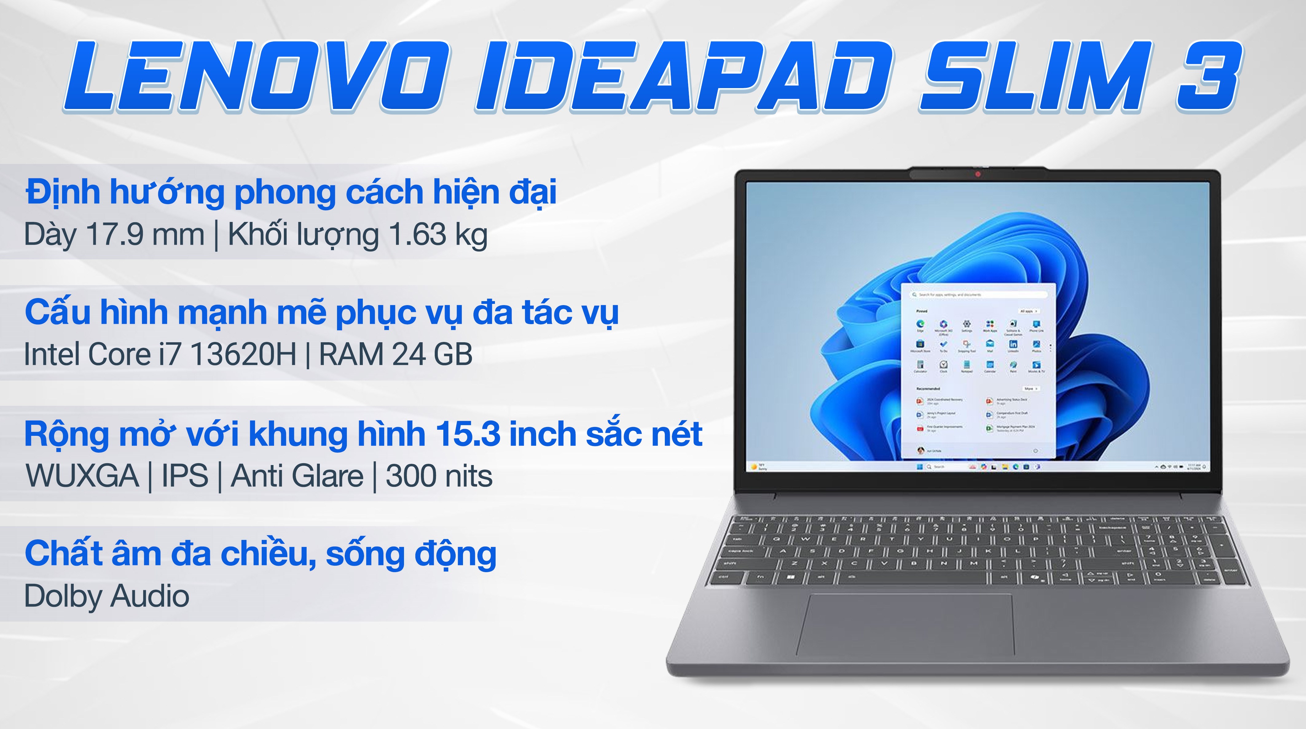 Laptop Lenovo IdeaPad Slim 3 15IRH10 - 83K1000FVN (i7 13620H, 24GB, 512GB, WUXGA, Win11)