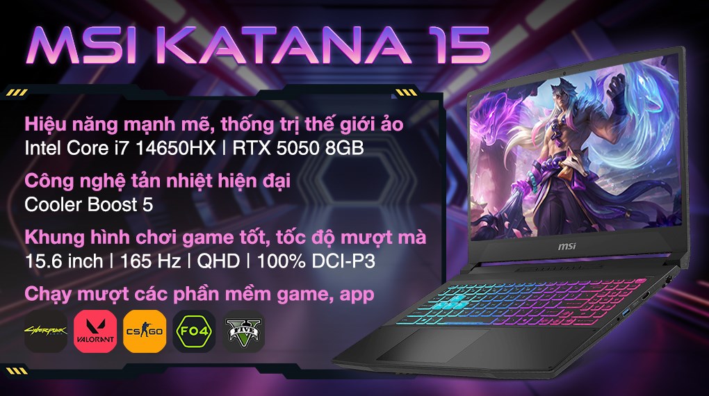 Laptop MSI Gaming Katana 15 HX B14WEK - 027VN (i7 14650HX, 32GB, 512GB, RTX5050 8GB, QHD 165Hz, Win11)