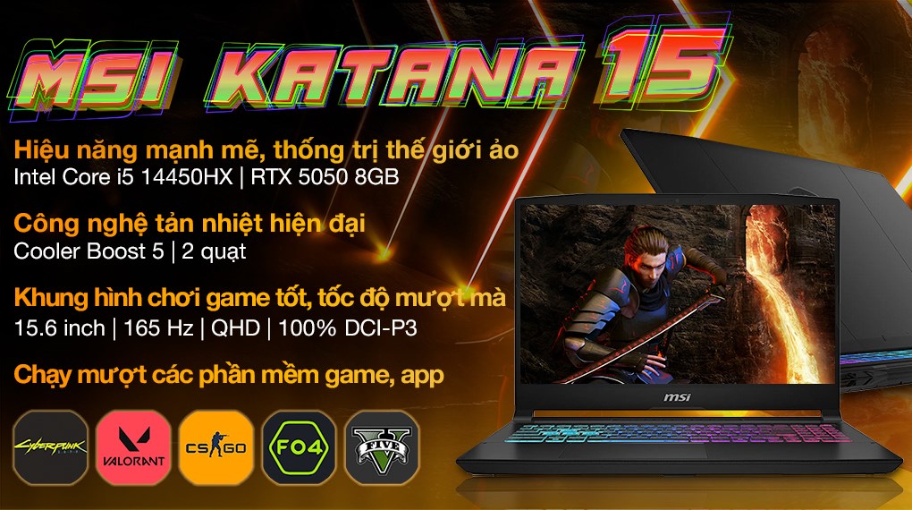 Laptop MSI Gaming Katana 15 HX B14WEK - 286VN (i5 14450HX, 16GB, 512GB, RTX5050 8GB, QHD 165Hz, Win11)