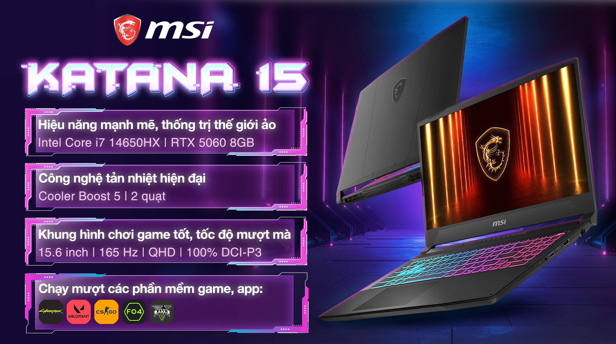 Laptop MSI Gaming Katana 15 HX B14WFK - 267VN (i7 14650HX, 32GB, 512GB, RTX 5060 8GB, QHD 165Hz, Win11)