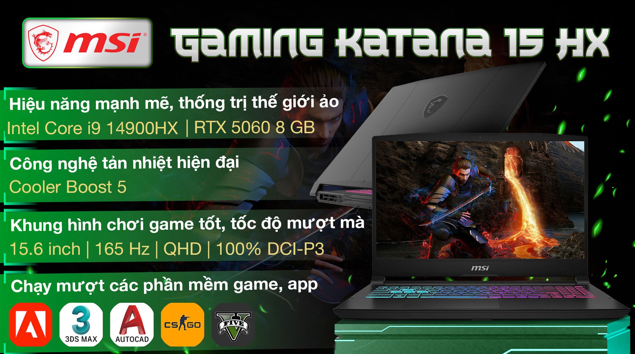 Laptop MSI Gaming Katana 15 HX B14WFK - 294VN (i9 14900HX, 16GB, 512GB, RTX 5060 8GB, QHD, 165Hz, Win11)