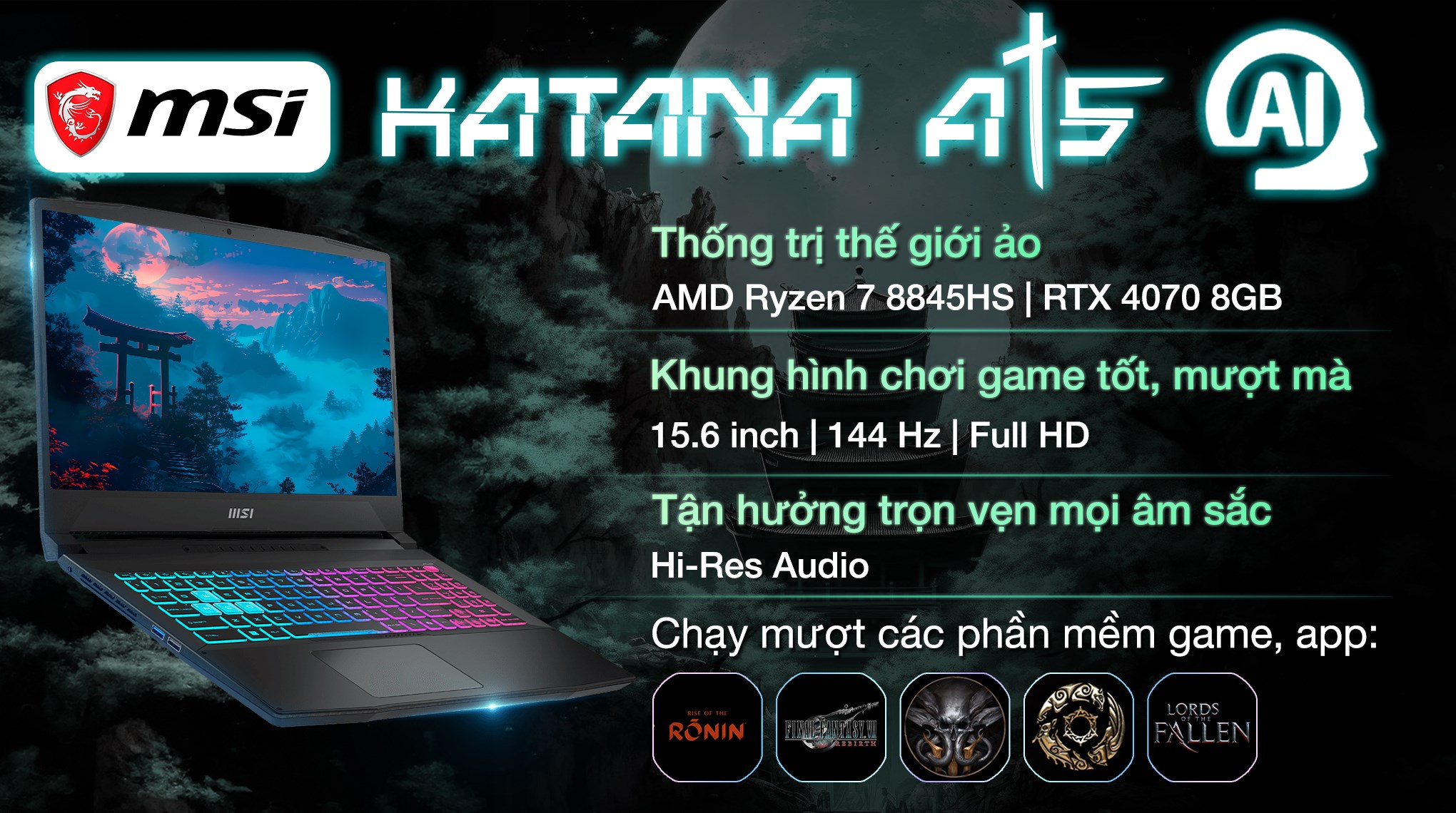 Laptop MSI Gaming Katana A15 AI B8VG - 465VN (R7 8845HS, 16GB, 1TB, RTX 4070 8GB, Full HD 144Hz, Win11)
