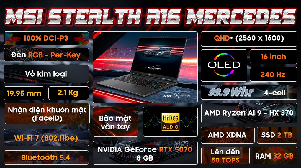 Laptop MSI Gaming Stealth A16 Mercedes AMG AI+ A3XWGG - 032VN (R9 AI HX 370, 32GB, 2TB, RTX 5070 8GB, QHD+ OLED 240Hz, Win11)