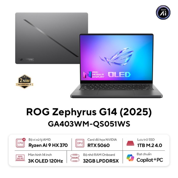 ASUS ROG Zephyrus G14 GA403WM-QS051WS | Ryzen™ AI 9 HX 370 32GB 1TB RTX 5060 14.0 inch 3K OLED Win 11 Xám (New)