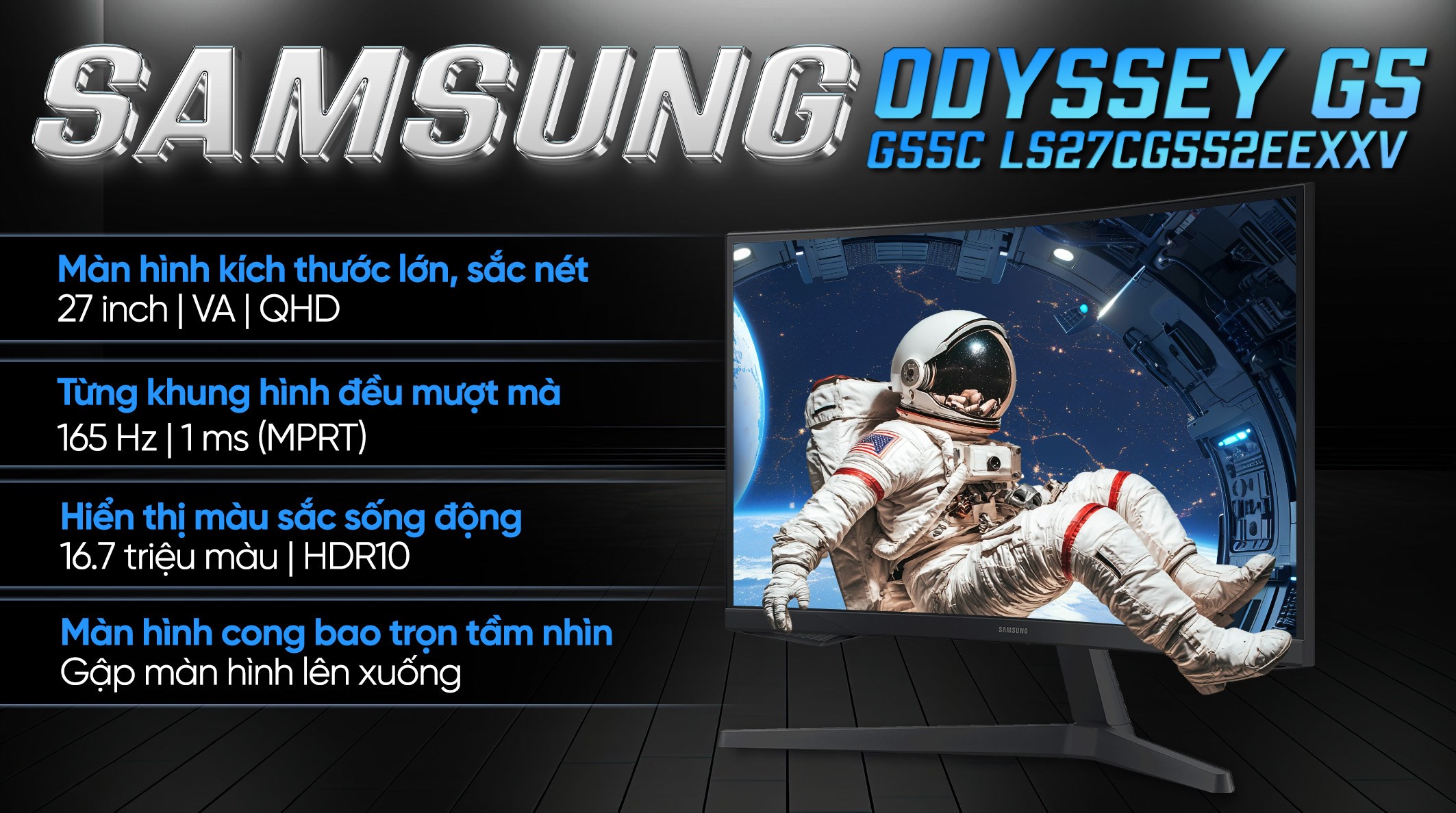Màn hình Gaming Samsung Odyssey G5 G55C LS27CG552EEXXV 27 inch 2K/VA/165Hz/1ms/HDMI/DisplayPort