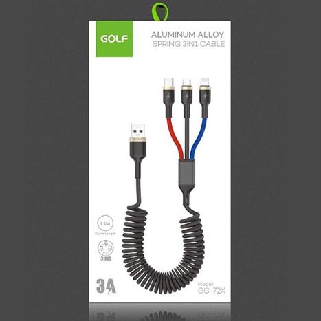 Cáp sạc nhanh và truyền dữ liệu 3 đầu USB A - Type C Lightning Micro USB 18W 1.5m Golf GC-72X