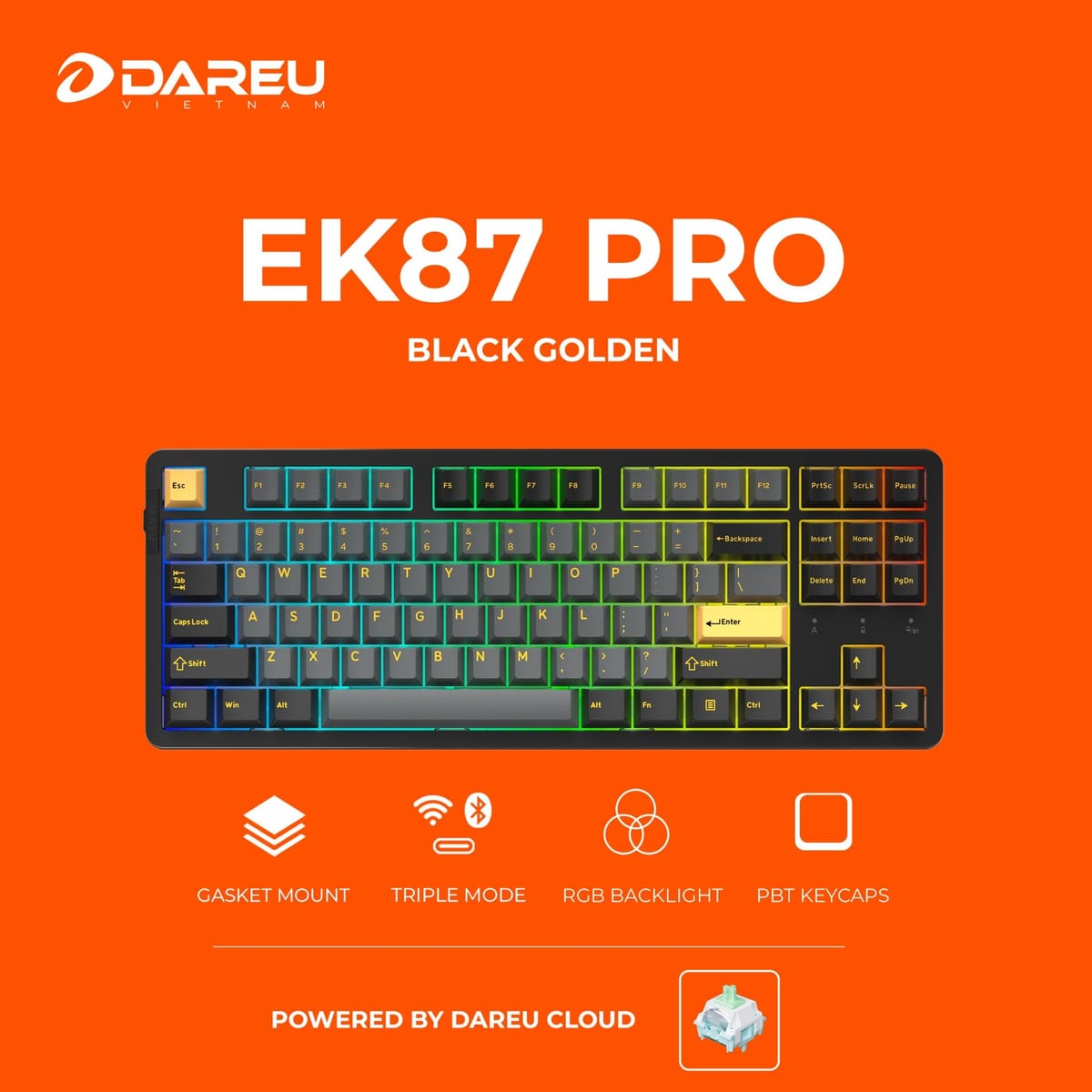 Bàn phím cơ Dareu EK87 Pro Triple Mode – Cloud Switch, không dây đa kết nối, thiết kế Black Golden