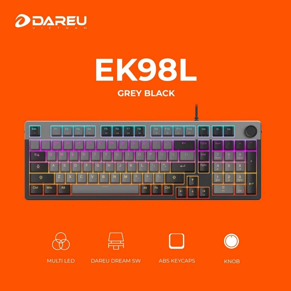 Bàn phím cơ Dareu EK98L Grey Black Dream Switch – Layout 98 phím, gõ êm, LED đẹp