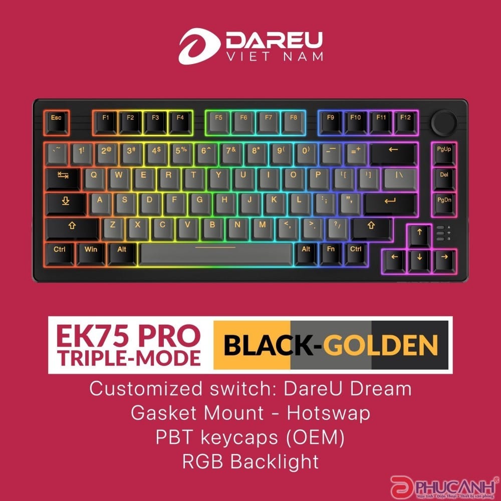 Bàn phím cơ Dareu EK75 Pro Triple Mode Black Golden – Cloud Switch Cao Cấp